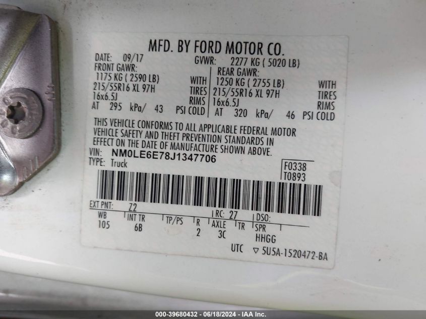 2018 Ford Transit Connect Xl VIN: NM0LE6E78J1347706 Lot: 39680432