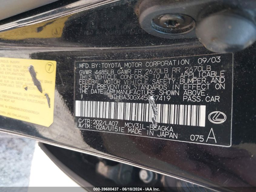 2004 Lexus Es 330 VIN: JTHBA30GX45007419 Lot: 39680437