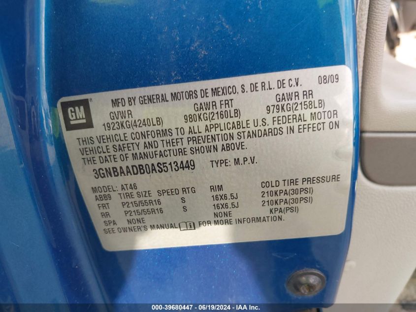 2010 Chevrolet Hhr Ls VIN: 3GNBAADB0AS513449 Lot: 39680447