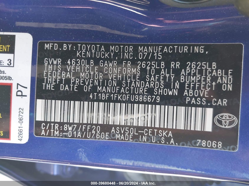 2015 Toyota Camry Se VIN: 4T1BF1FK0FU986679 Lot: 39680448