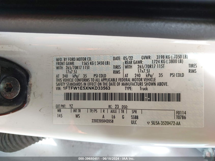 1FTFW1E5XNKD33563 2022 Ford F-150 Xl