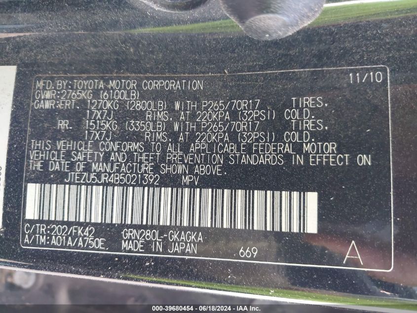 2011 Toyota 4Runner Sr5 V6 VIN: JTEZU5JR4B5021392 Lot: 39680454