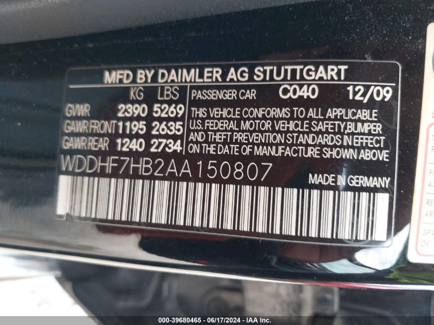 2010 Mercedes-Benz E 63 Amg VIN: WDDHF7HB2AA150807 Lot: 39680465