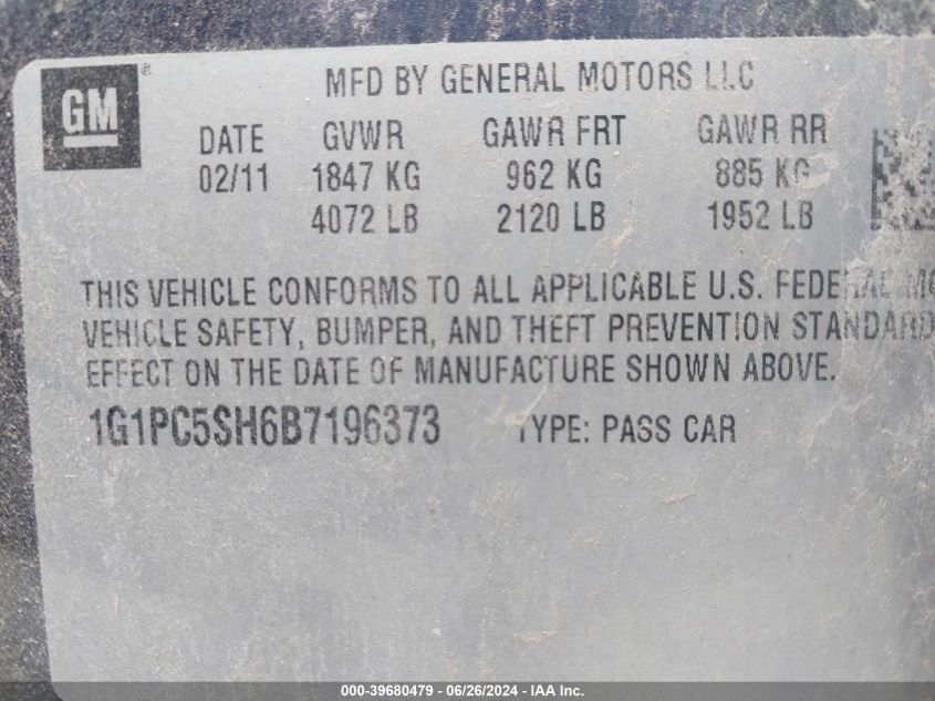 2011 Chevrolet Cruze Ls VIN: 1G1PC5SH6B7196373 Lot: 39680479