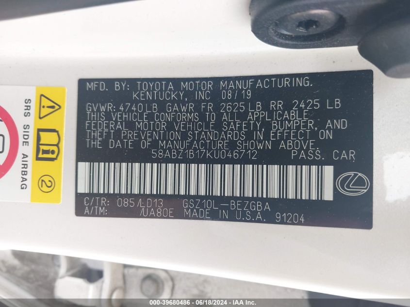 2019 Lexus Es 350 VIN: 58ABZ1B17KU046712 Lot: 39680486