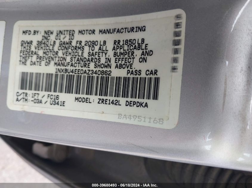 2010 Toyota Corolla Le VIN: 1NXBU4EE0AZ340862 Lot: 39680493