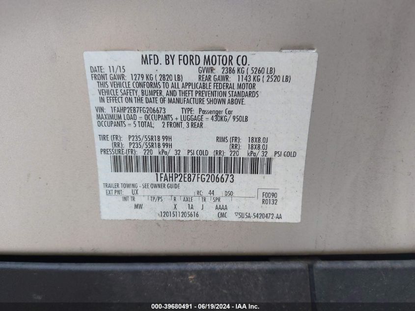 2015 FORD TAURUS SEL - 1FAHP2E87FG206673