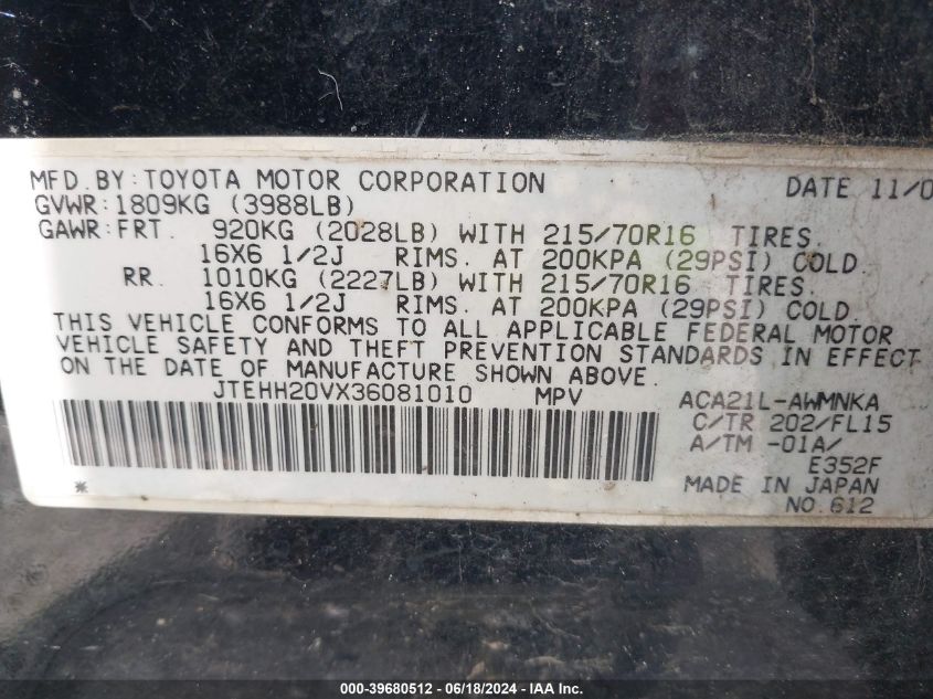 2003 Toyota Rav4 VIN: JTEHH20VX36081010 Lot: 39680512