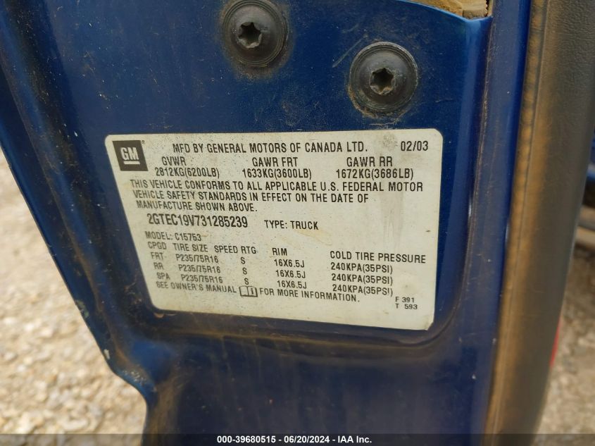 2003 GMC Sierra 1500 Sle VIN: 2GTEC19V731285239 Lot: 39680515