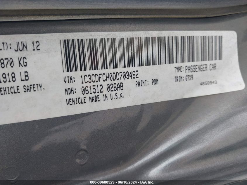 2013 Dodge Dart Limited VIN: 1C3CDFCH0DD703462 Lot: 39680529