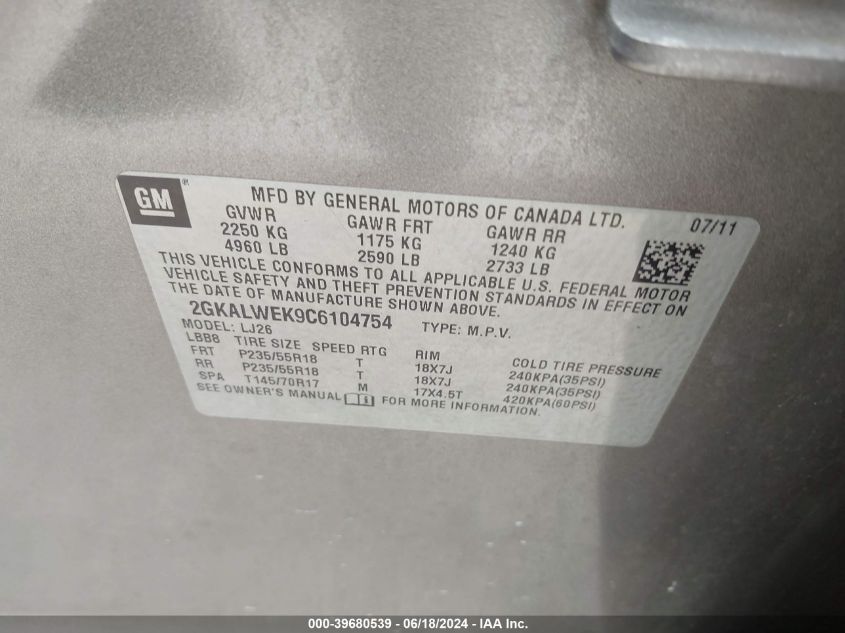 2012 GMC Terrain Slt-2 VIN: 2GKALWEK9C6104754 Lot: 39680539