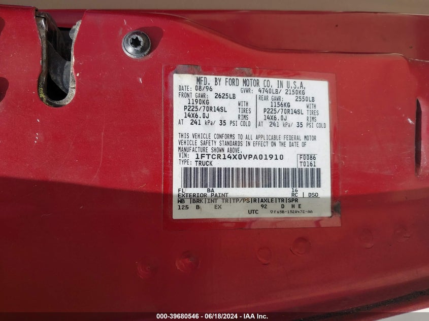 1997 Ford Ranger Splash/Xlt VIN: 1FTCR14X0VPA01910 Lot: 39680546