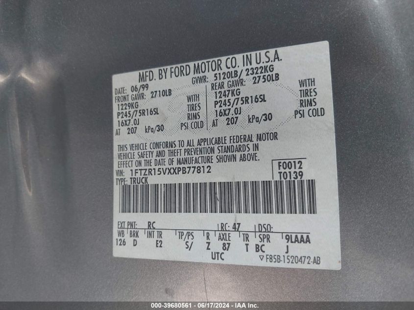 1999 Ford Ranger Xl/Xlt VIN: 1FTZR15VXXPB77812 Lot: 39680561
