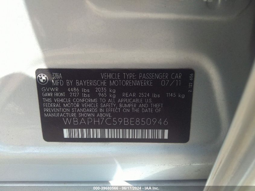 2011 BMW 328I VIN: WBAPH7C59BE850946 Lot: 39680566