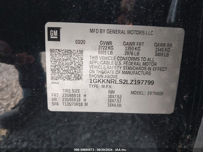 2020 GMC Acadia Sle VIN: 1GKKNRLS2LZ197799 Lot: 39680573