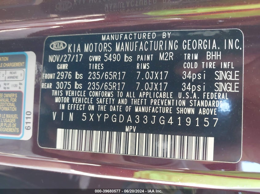 2018 Kia Sorento 2.4L Lx VIN: 5XYPGDA33JG419157 Lot: 39680577