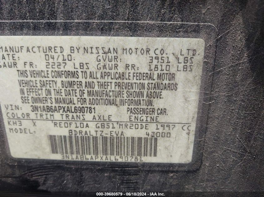 2010 Nissan Sentra 2.0S VIN: 3N1AB6APXAL690781 Lot: 39680579