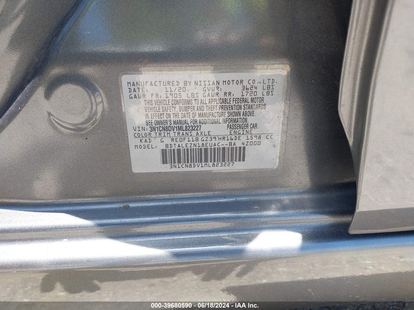 2021 Nissan Versa S Xtronic Cvt VIN: 3N1CN8DV1ML823227 Lot: 39680590