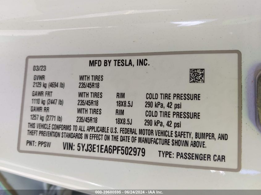 2023 Tesla Model 3 Rear-Wheel Drive VIN: 5YJ3E1EA6PF502979 Lot: 39680595