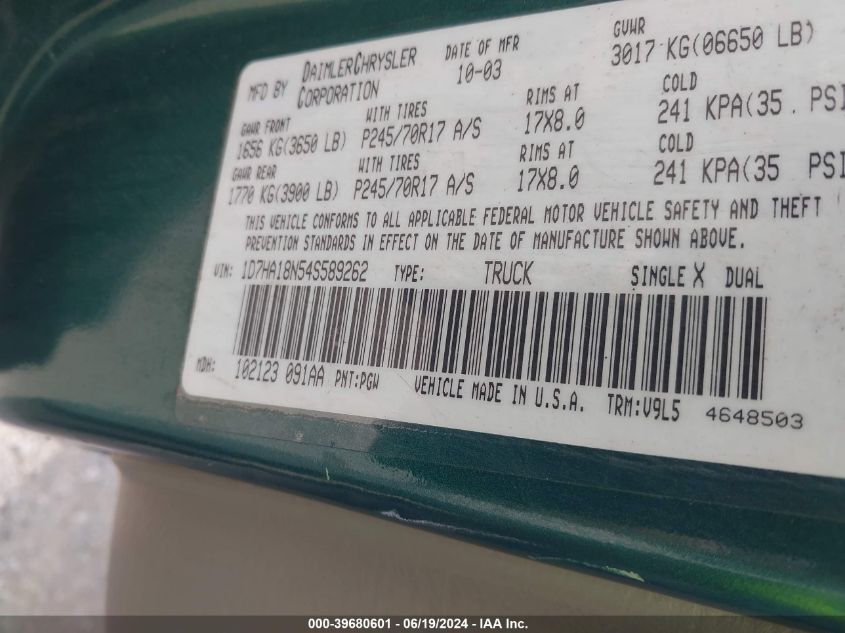 2004 Dodge Ram 1500 Slt/Laramie VIN: 1D7HA18N54S589262 Lot: 39680601