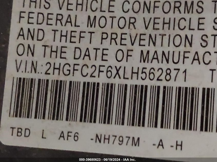 2020 Honda Civic Lx VIN: 2HGFC2F6XLH562871 Lot: 39680623