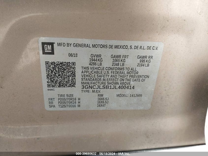 2018 Chevrolet Trax Lt VIN: 3GNCJLSB1JL400414 Lot: 39680632