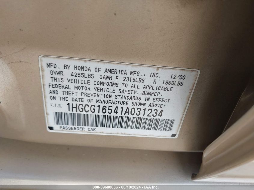 2001 Honda Accord Ex VIN: 1HGCG16541A031234 Lot: 39680636