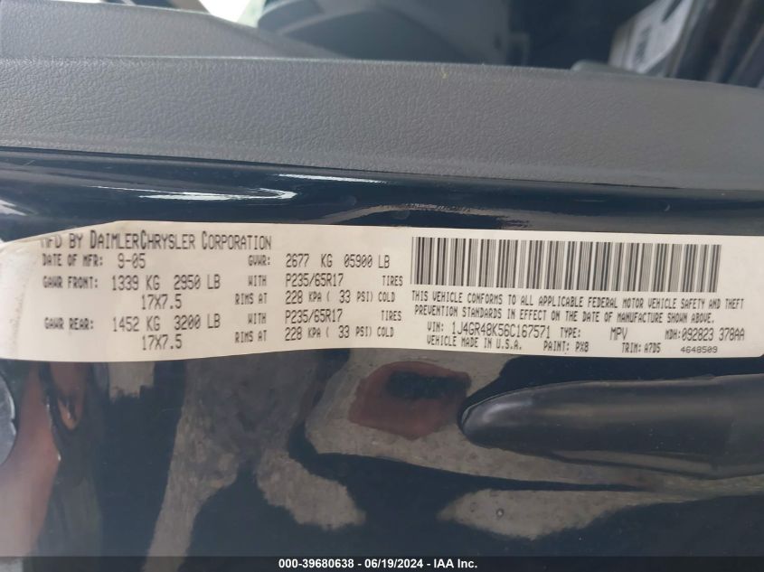 2006 Jeep Grand Cherokee Laredo/Columbia/Freedom VIN: 1J4GR48K56C167571 Lot: 39680638