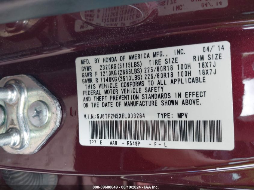 2014 Honda Crosstour Exl VIN: 5J6TF2H5XEL003284 Lot: 39680649