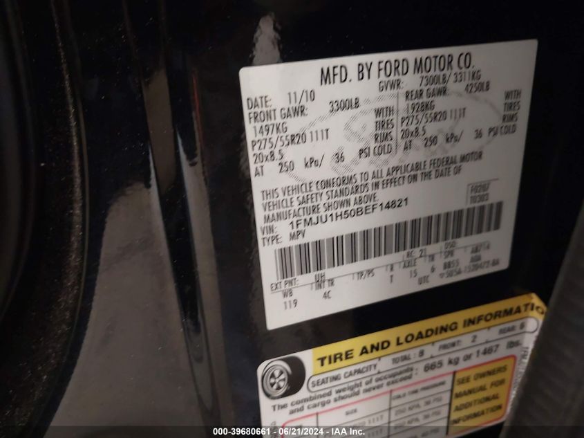 2011 Ford Expedition Xlt VIN: 1FMJU1H50BEF14821 Lot: 39680661