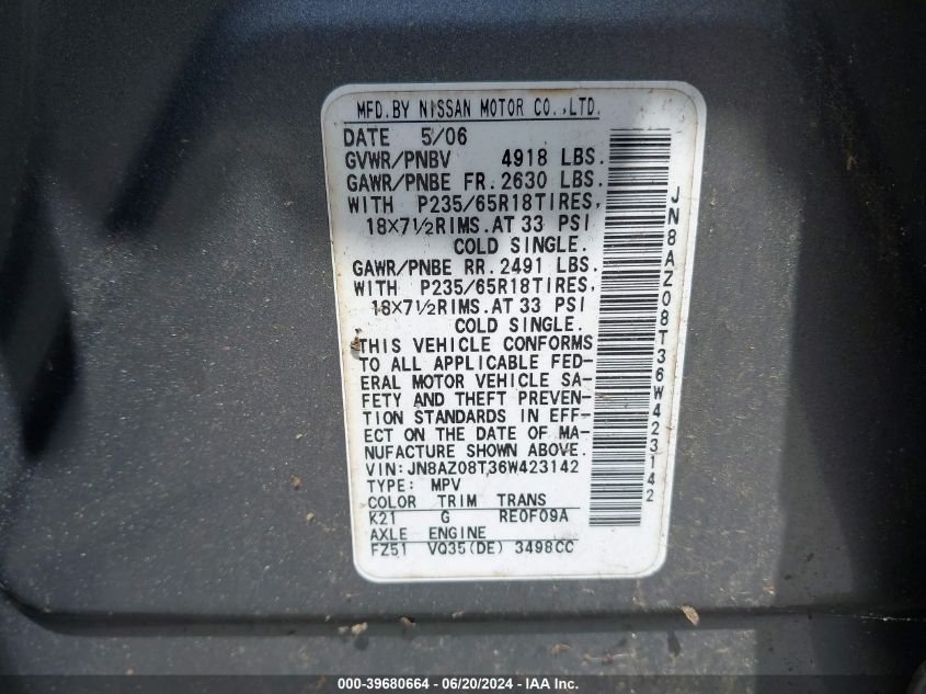 2006 Nissan Murano Sl VIN: JN8AZ08T36W423142 Lot: 39680664
