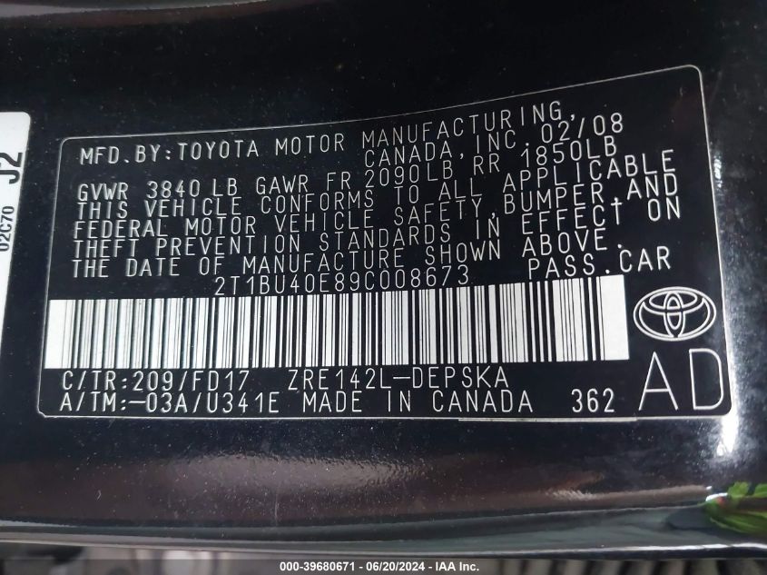 2009 Toyota Corolla S VIN: 2T1BU40E89C008673 Lot: 39680671