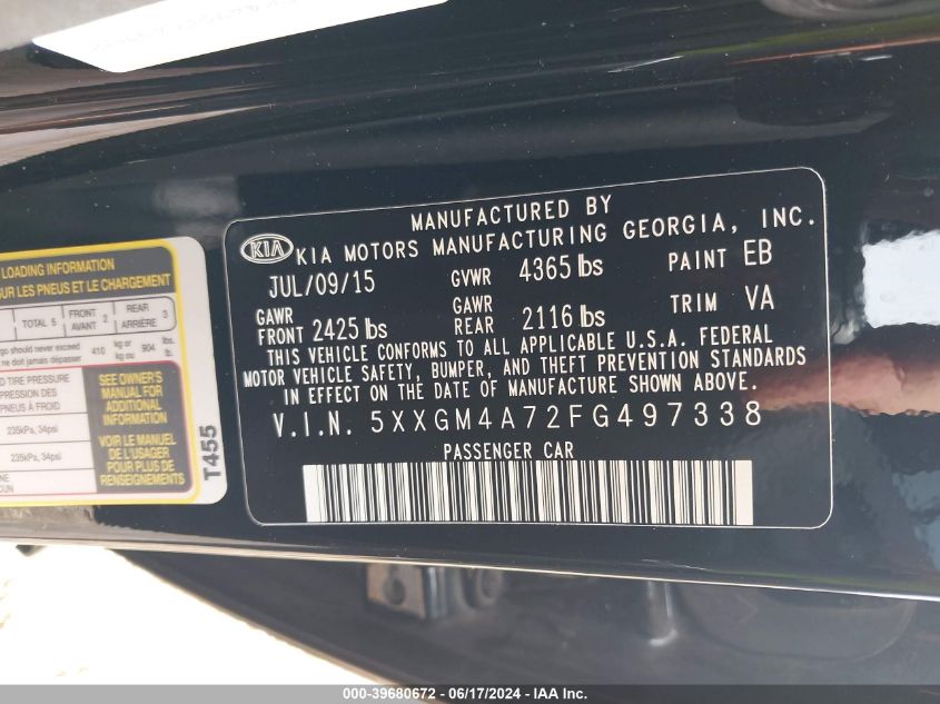 2015 Kia Optima Lx VIN: 5XXGM4A72FG497338 Lot: 39680672