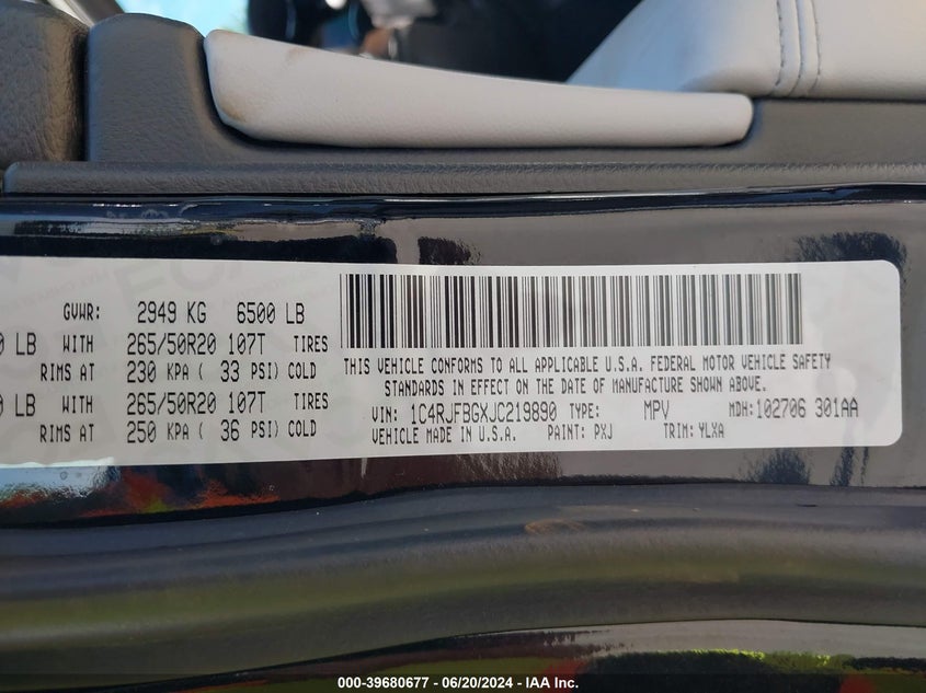 2018 Jeep Grand Cherokee Limited VIN: 1C4RJFBGXJC219890 Lot: 39680677