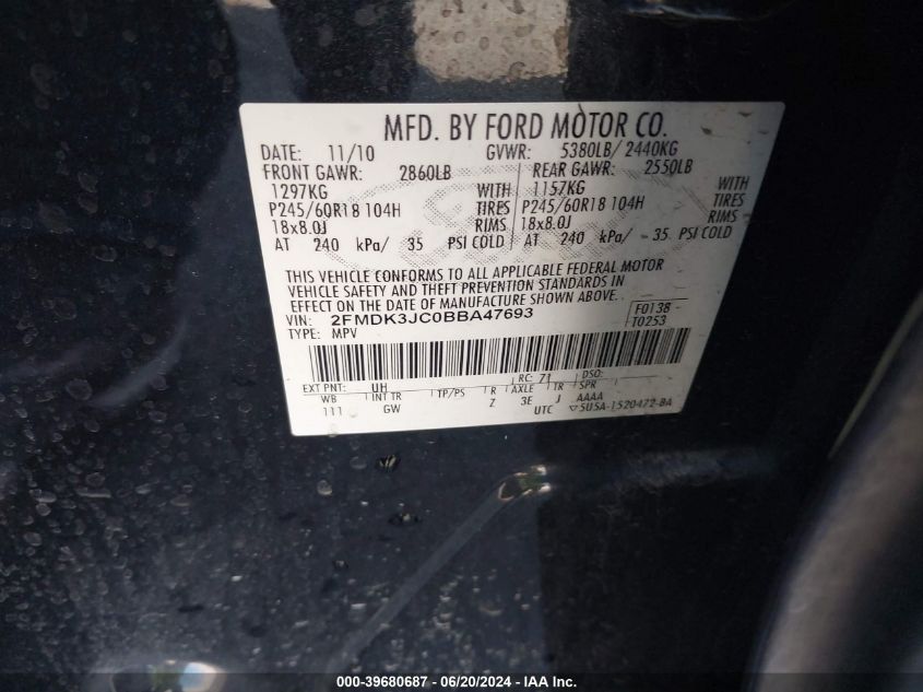 2011 Ford Edge Sel VIN: 2FMDK3JC0BBA47693 Lot: 39680687