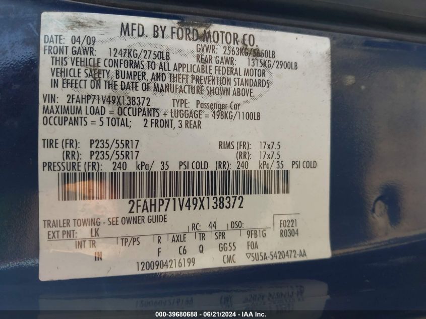 2009 Ford Crown Victoria Police/Police Interceptor VIN: 2FAHP71V49X138372 Lot: 39680688