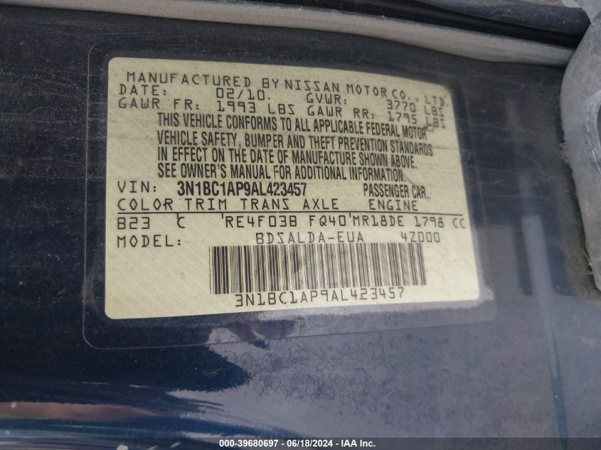 2010 Nissan Versa 1.8S VIN: 3N1BC1AP9AL423457 Lot: 39680697