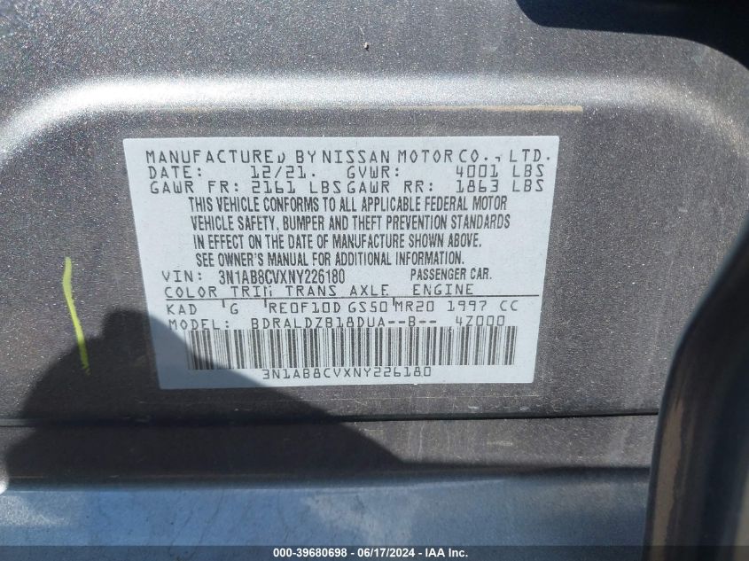 2022 Nissan Sentra Sv Xtronic Cvt VIN: 3N1AB8CVXNY226180 Lot: 39680698