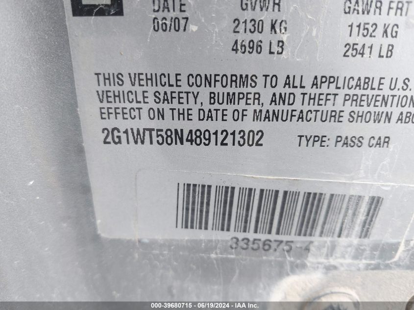 2008 Chevrolet Impala Lt VIN: 2G1WT58N489121302 Lot: 39680715