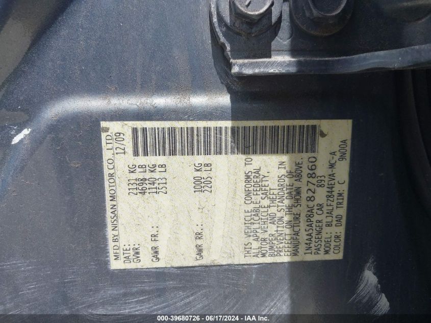 2010 Nissan Maxima 3.5 Sv VIN: 1N4AA5AP8AC827860 Lot: 39680726