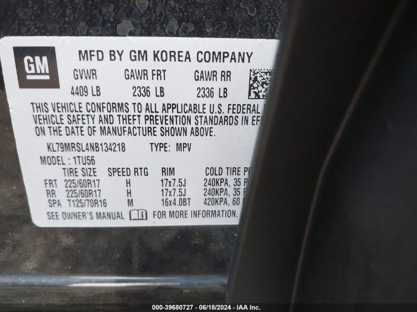 2022 Chevrolet Trailblazer Awd Lt VIN: KL79MRSL4NB134218 Lot: 39680727