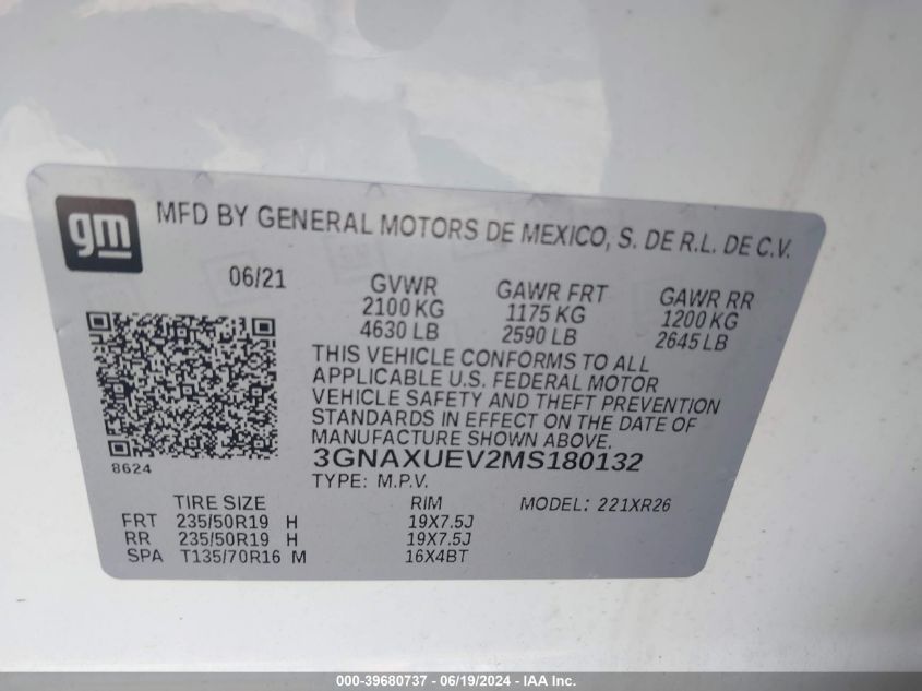 2021 Chevrolet Equinox Lt VIN: 3GNAXUEV2MS180132 Lot: 39680737