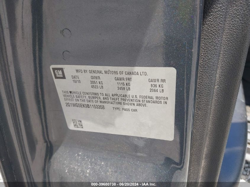 2011 Chevrolet Impala Lt VIN: 2G1WG5EK9B1153358 Lot: 39680738