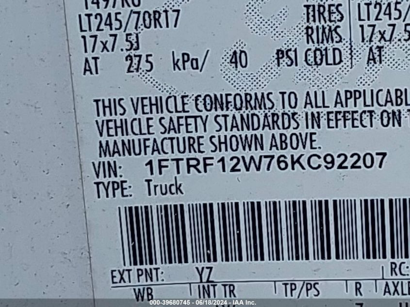 2006 Ford F-150 Stx/Xl/Xlt VIN: 1FTRF12W76KC92207 Lot: 39680745