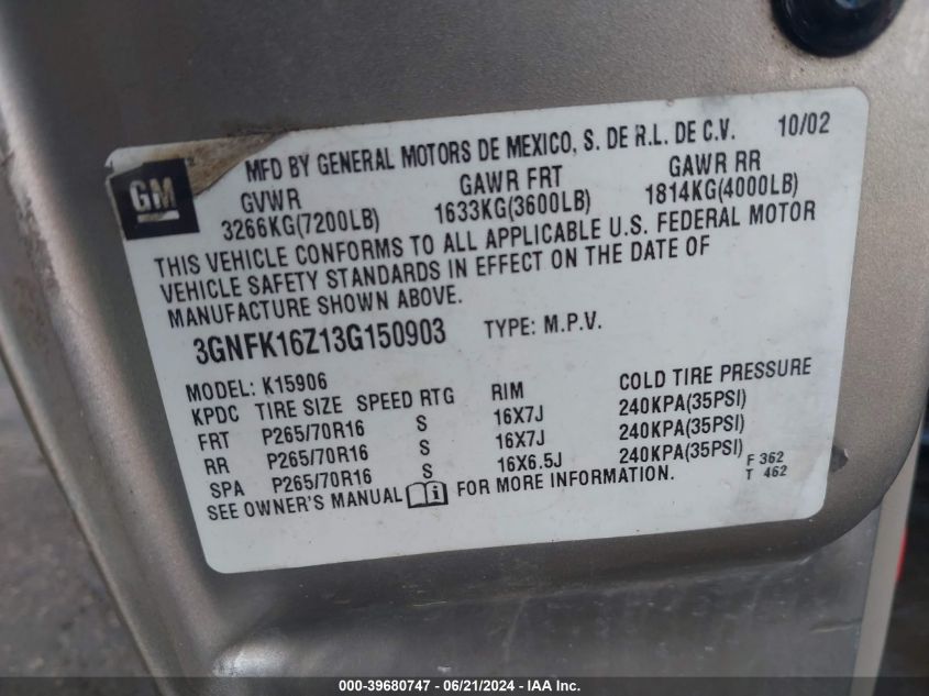 2003 Chevrolet Suburban 1500 Lt VIN: 3GNFK16Z13G150903 Lot: 39680747