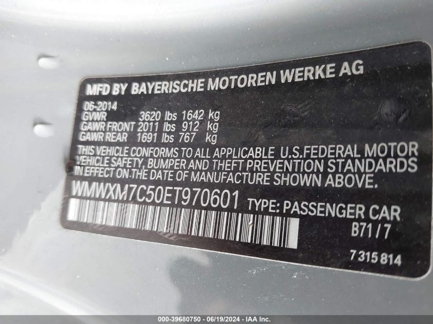 2014 Mini Cooper S VIN: WMWXM7C50ET970601 Lot: 39680750