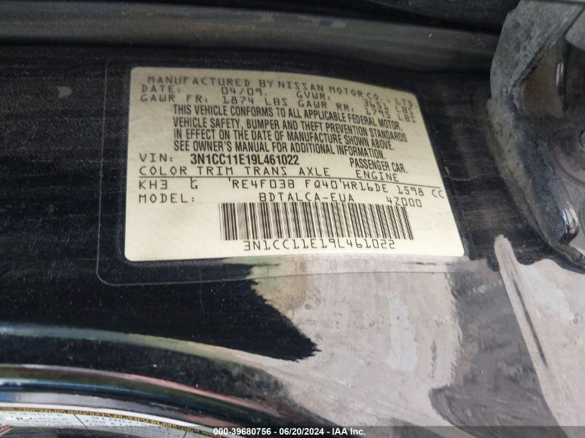 2009 Nissan Versa 1.6 VIN: 3N1CC11E19L461022 Lot: 39680756