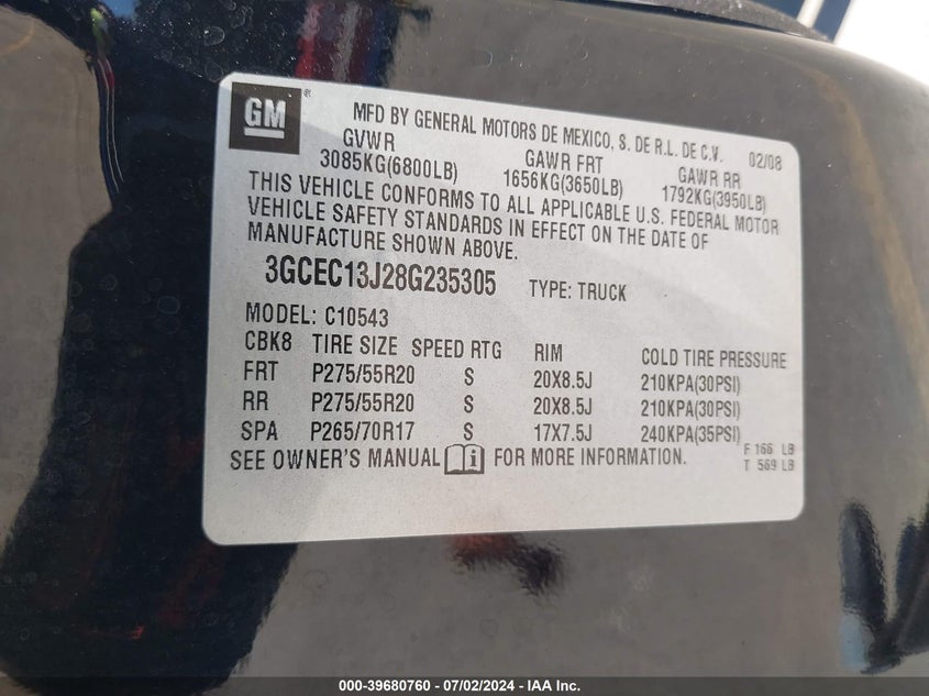 2008 Chevrolet Silverado 1500 Lt1 VIN: 3GCEC13J28G235305 Lot: 39680760
