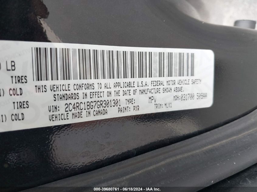 2016 Chrysler Town & Country Touring VIN: 2C4RC1BG7GR301301 Lot: 39680761