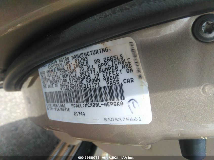 2003 Toyota Avalon Xls VIN: 4T1BF28B03U311171 Lot: 39680788